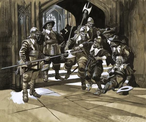 Unbekannte Männer werden von Wachen aus einem Gebäude geworfen