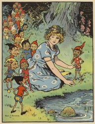 Mädchen umgeben von Elfen (Farblithografie)