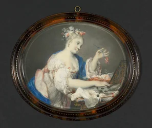 Eine Frau, die Blumen in ihr Haar steckt, um 1710
