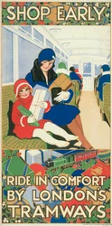 Kaufen Sie früh ein, fahren Sie bequem mit den Straßenbahnen Londons, London County Council Tramways Poster, 1928