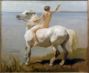 Junge auf einem weißen Pferd