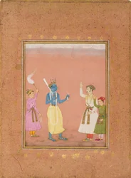 Ein Held wird von Prinzen begrüßt, illustriert die musikalische Mode Kanada Ragini, ca. 1680