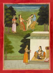 Krishna spielt mit den Gopis, Folio aus einem Rasikpriya, datiert 1686 Samvat 1743