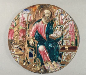 Vergoldete und emaillierte Plakette mit Darstellung des Heiligen Johannes des Evangelisten, Werkstatt des Moskauer Kremls, 17. Jahrhundert