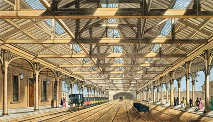 Neue Station, Lime Street, Eingang zum Tunnel und Buchungsbüros, aus 
