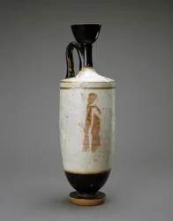 Weißgrundige Lekythos mit junger Frau an einem Grab, 450-440 v. Chr.