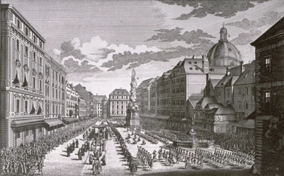 Ansicht einer Prozession im Graben, gestochen von Georg-Daniel Heumann (1691-1759)