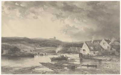 Flusslandschaft mit einigen Häusern und einer Wassermühle