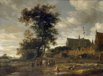 Szene vor einem Maibaum mit der Alkmaar Kirche im Hintergrund, 1669