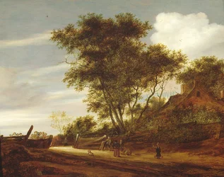 Waldlandschaft mit spielenden Kindern auf der Straße bei einem Cottage, 1658