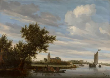 Flussansicht mit Kirche und Fähre
