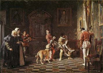 „Rückkehr vom Turnier“ Ein junger verwundeter Ritter wird von zwei Pagen zurück zum Palast gebracht