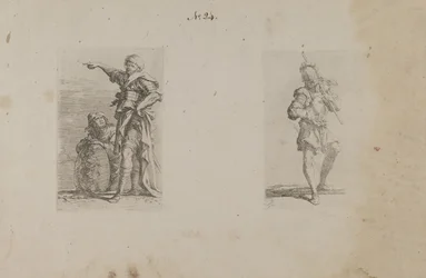 (Figurinenserie) Zwei Männer, einer zeigt nach links, der andere kniet