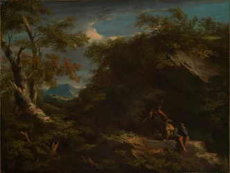 Bergige Waldlandschaft mit rastenden Kriegern