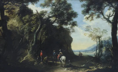 Landschaft mit Reisenden, die nach dem Weg fragen, ca. 1641
