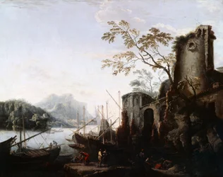 Meereslandschaft mit Türmen und Schiffen und Ruinen, ca. 1645
