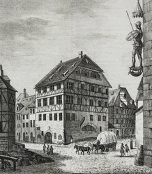 Haus von Albrecht Dürer (1471-1528) in Nürnberg, Deutschland, Lithografie von Salvatore Puglia aus Poliorama Pittoresco, Nr. 31, 12. März