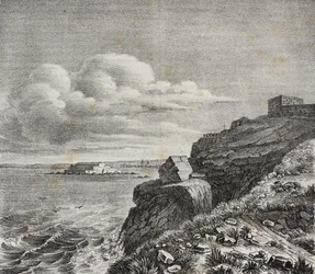 Grab für François-René de Chateaubriand in Saint-Malo, Frankreich, Lithographie von Gaetano Riccio aus Poliorama Pittoresco, Nr. 32, 18. März