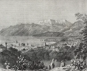 Ansicht von Beirut und dem Libanon-Gebirge, Libanon, Lithographie von Salvatore Puglia