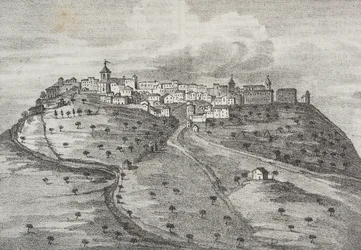 Ansicht von Montefuscolo, heute Montefusco, Kampanien, Italien, Lithographie von Salvatore Puglia aus Poliorama Pittoresco, Nr. 41, 20. Mai