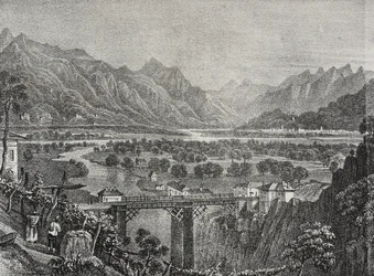 Blick auf das Ossola-Tal vom Sempione, Piemont, Italien, Lithografie von Salvatore Puglia aus Poliorama Pittoresco, Nr. 28, 18. Februar