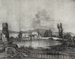 Ansicht der Santa Restituta Fabrik und Kirche am Ufer des Fibreno-Flusses in Cornello, Latium, Italien, Lithographie von Salvatore Puglia nach einer Zeichnung von Raffaele Carelli