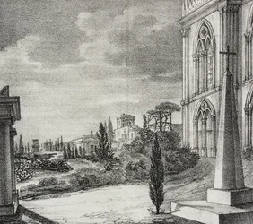 Ansicht des Friedhofs vom gotischen Kloster, Neapel, Kampanien, Italien, Lithographie von Salvatore Puglia