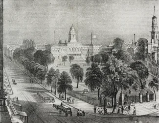 Ansicht des Parks und des Rathauses von New York, Vereinigte Staaten von Amerika, Lithographie von Salvatore Puglia aus Poliorama Pittoresco, Nr. 24, 22. Januar