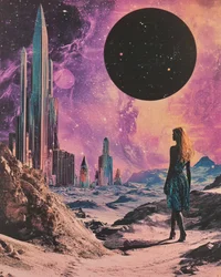 Kosmische Stadtlandschaft Frau