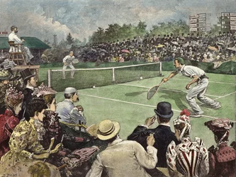 Die Lawn-Tennis-Meisterschaft in Wimbledon 1891, Messrs W Baddeley und J Pim im Finale (farbige Gravur)