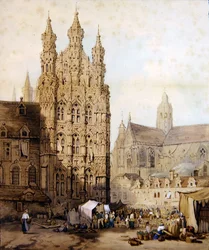 Das Rathaus und die Kathedrale in Leuven, Belgien, ca. 1840
