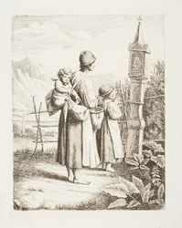 Bettlerin mit zwei Kindern vor einem Madonnenbild auf ihrem Weg nach Tirol