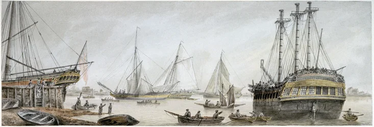 Ein Indiaman-Schiff zur Reparatur auf der Themse, mit einer Beschreibung der gewöhnlichen Aktivitäten der königlichen Werften in Deptford