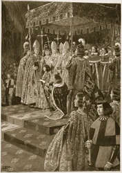 Die Überreichung der Sporen und des Schwertes bei der Krönung Heinrichs VI. am St.-Leonhards-Tag, 6. November 1429, aus „The Illustrated London News“, 1902