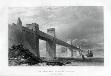 Die Britannia-Röhrenbrücke über die Menai-Straße, Wales, 1886
