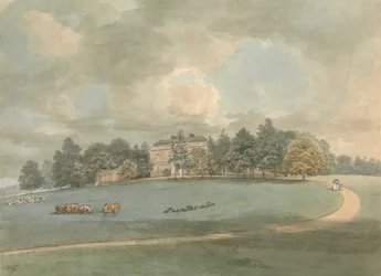 Ein Landhaus mit Figuren auf der Auffahrt