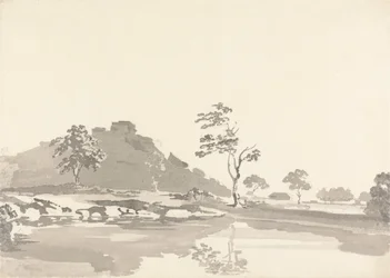 Flusslandschaft mit einer Festung auf einem Hügel in der mittleren Entfernung