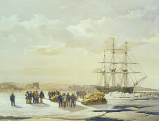 Schlittenparty verlässt H.M.S. Investigator in Mercy Bay, 15. April 1853, graviert von E. Walker, veröffentlicht von Ackermann und Co., 1854