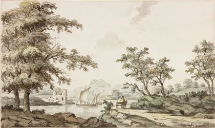 Ein Fluss mit Segelbooten und einem Pferd und Wagen