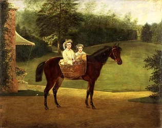 Porträt von zwei Mädchen in einem Korb auf einem Pony