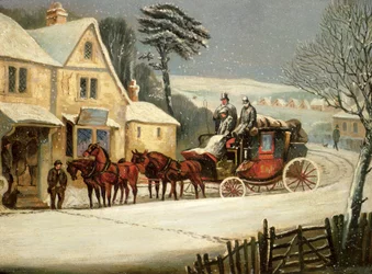 Winterszene mit dem königlichen Postwagen an einem Gasthaus