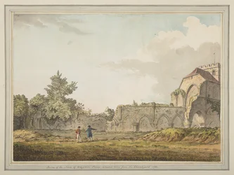 Ruinen des Kirchenschiffs der Boxgrove Priory Church vom Kirchhof aus gesehen