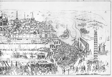 Die Belagerung von Boulogne durch König Heinrich VIII. (1491-1547) im Jahr 1544, gestochen von James Basire, 1788