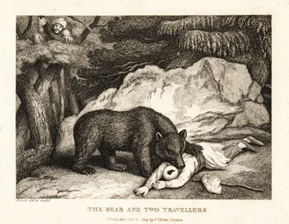 Ein Reisender im Turban stellt sich tot, während er von einem Bären angegriffen wird. 1811 (Radierung)