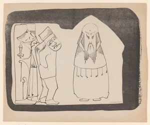 Fantasie: links drei Figuren nach rechts, rechts eine frontale chinesische Gestalt