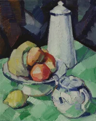 Stillleben mit Teekanne und Obst auf einem grünen Tischtuch, ca. 1913
