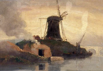 Windmühle und Ziegelofen am Flussufer
