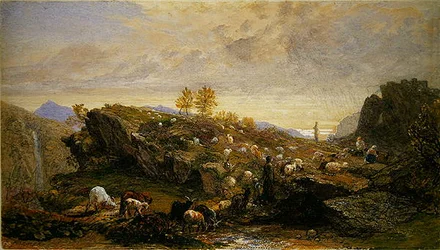 Landleute mit Schafen und Ziegen in einer felsigen Landschaft