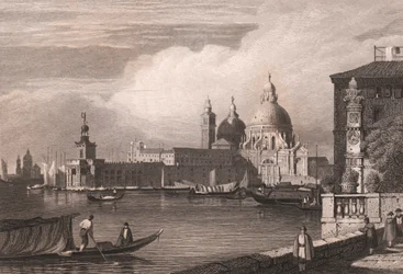 Ansicht des Canal Grande mit Punta della Dogana und Basilika Santa Maria della Salute im Hintergrund, Venedig, Venetien, Italien, Stahlstich nach einer Zeichnung von Samuel Prout