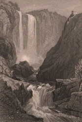 Ansicht der Marmore-Wasserfälle (Cascata delle Marmore) bei Terni, Umbrien, Italien, Stahlstich nach einer Zeichnung von Samuel Prout, ca. 15x11,5 cm